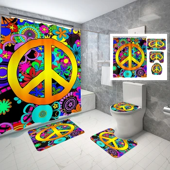 4 Комплекта Завеса с изображение на знака за мир, нескользящий подложка за баня, капак за тоалетна, комплекти завеса за душ с винтажным модел под формата на драскулки