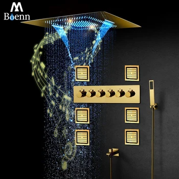 M Boenn Модерни душ кабини за баня, златен душ система, набор от земните дюзи, Термостат, смесител за баня, голям регулатор на дебита, кран