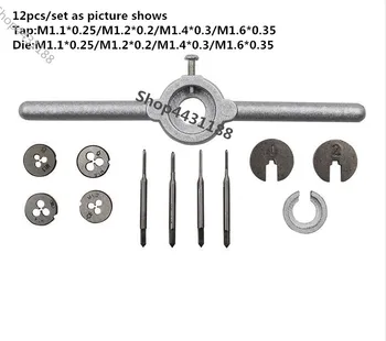 12 бр./компл. мини-HSS мъничета с метрична резба, кранове, печати, комплект дръжки за гаечных ключове M1-M1.6, метчик и набор от клишета