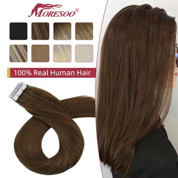 Moresoo лента за удължаване на коса, естествена коса, патица от изкуствена кожа Реми, 12-24 инча, директни бразилска коса, лепило за самозалепваща лента Ins