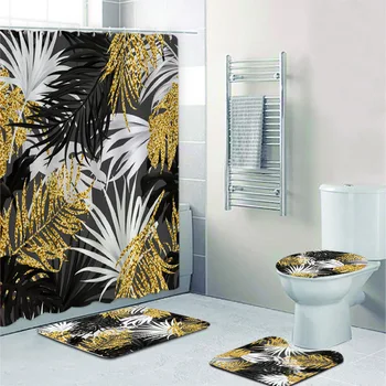 Модерни тропически растения, живопис, определени занавеск за душ за баня, блестящи рогозки от палмови листа от бяло злато, Постелки за баня, Тоалетни Принадлежности