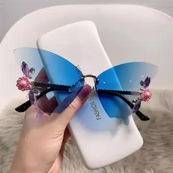 Луксозни Слънчеви очила с диамантена пеперуда, женски марка y2k, vintage слънчеви очила в голям размер, без рамки, дамски очила с UV400