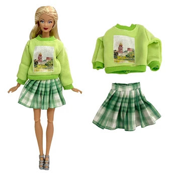 NK 1 комплект, ежедневни зелена облекло принцеса с дълъг ръкав, трапециевидная клетчатая къса пола, модерни дрехи за Барби, аксесоари, подарък за кукли, подарък за момичета
