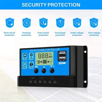 Регулатор за Батерии соларни панели 12V 24V Автоматично PWM Слънчево зарядно Интелигентен LCD дисплей 10А 20А 30A 40A 50A 60A Контролер за зареждане на слънчева батерия