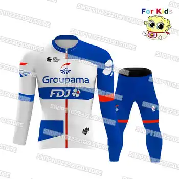 Синьо-бели детски Комплекти от Джърси Groupama FDJ 2023 за колоездене, детски състезателни Трико с дълъг ръкав, Бързосъхнеща велосипедна Облекло Ciclismo