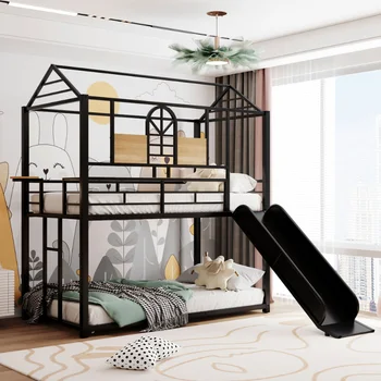 Двуетажно метално легло Twin Over Twin \ Метално легло-къщичка с пързалка \ Разположение три цвята.(Черно с черна могила) (СТАР инв.