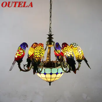 OUTELA Тифани Parrot полилей с led Реколта креативна подвесная лампа от цветно стъкло Декор за дома, хол, спалня, хотел