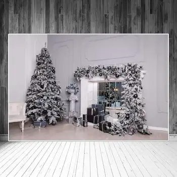Грей Коледен Фон за снимки с огледалото в стаята и камина, Сребърен снежна коледна елха, Подаръци във формата на цветя, стол за домашно студио, реквизит за снимки