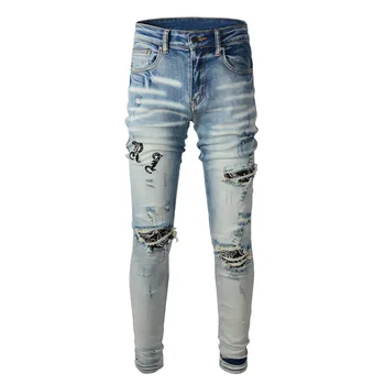 Мъжки издържат джинси с дупки, дебнещ разтеглив дънкови панталони с повредена боя за вратовръзка, стегнати скъсани дънки