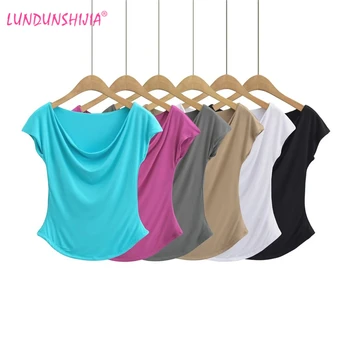 LUNDUNSHIJIA/ висококачествени тениски с мек яка, женски памук еластичен raglan с къс ръкав, дамски тениска, 6 цвята