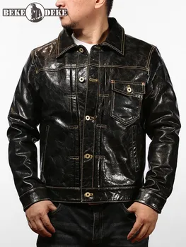 Мъжки однобортная яке от естествена кожа в стил пънк-мотоциклети-колоездач, винтажное ковбойское късо палто от телешка кожа, градинска ежедневни връхни дрехи, мъжки