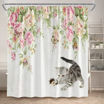 Пролетни цветя Завеса в селски стил Розова пеперуда на цвете Смешно котка Завеса за баня от полиэстеровой тъкан Декор баня с куки