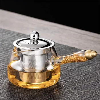 Чайник от утолщенного устойчиви на топлина стъкло с дървена дръжка Домакински кана с филтър от неръждаема стомана Кана за приготвяне на чай / coffee Maker кунг-фу Чай комплект