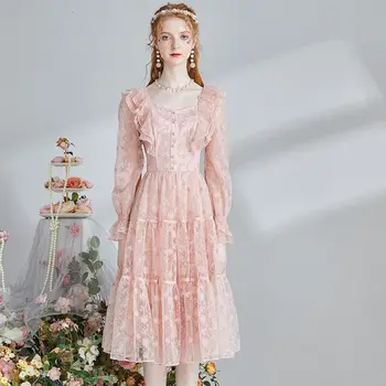 2023, пролет-лято, Франция, розово сетчатое рокля Миди с цветен модел, уважаеми висококачествено женствена рокля с квадратна яка, бродерия и накъдрен, празнична рокля Vestidos