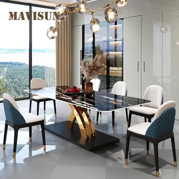 Кухненски правоъгълна маса и стол Комбинирана италиански мебели за дома, Плот от камък на дъската, на основата от неръждаема стомана, маса за хранене