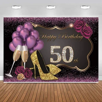 На фона на честването на 50-годишнината, блестящ фон, Обувки на висок ток цвят шампанско, лилави Рози, балони, украса на Банер за парти