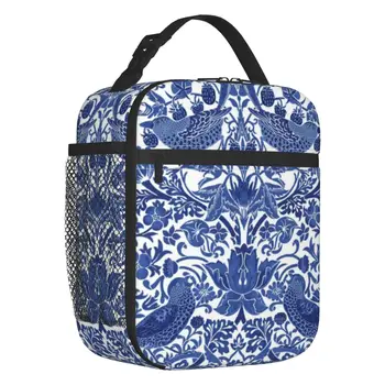 Порцеланова синя чанта-тоут с шарките на Източна птици, изолирано за обяд, дамски чанти-тоут в стил Шинуазри, термоохладитель, обяд-бокс за хранене, Пътуване на открито