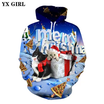 Директна доставка, YX МОМИЧЕ, 2018, Коледни модни блузи с сладък котка, Весел коледен принт, 3d, мъжки и дамски ежедневни hoody с качулка