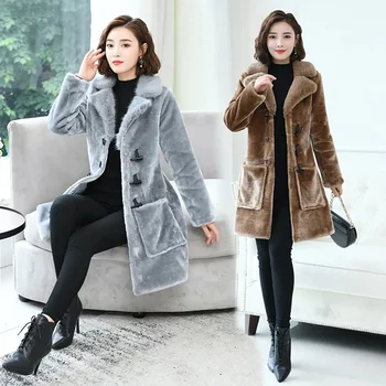 Ново дамско дълго есенно-зимно палто от вълна от овце с яка от изкуствена лисьего кожа, корейската версия норковой кожени палта за по-големи размери